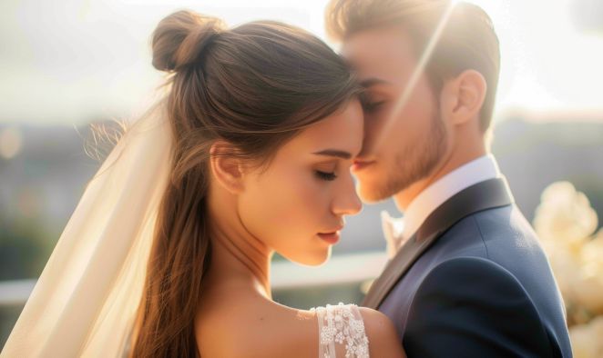 A bride and groom are looking into each other 's eyes on their wedding day.