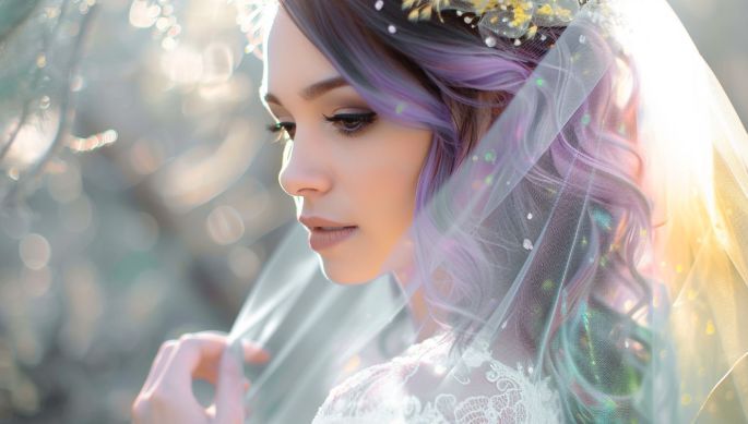 A woman with purple hair and a veil is wearing a wedding dress.