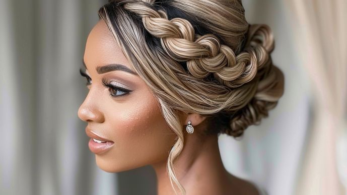 A woman is wearing a braided bun and earrings.