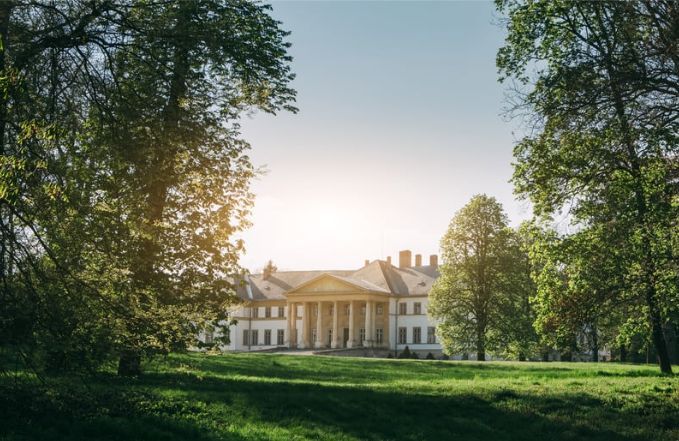 A large white building is surrounded by trees in a park.