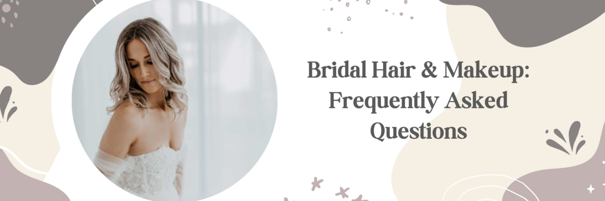 A woman in a white dress is standing in a circle with the words `` bridal hair & makeup frequently asked questions ''.