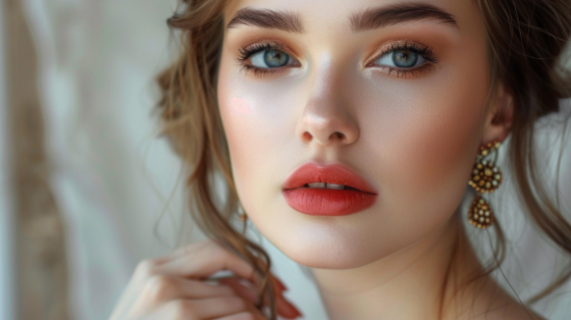 A close up of a woman 's face with red lipstick and earrings.