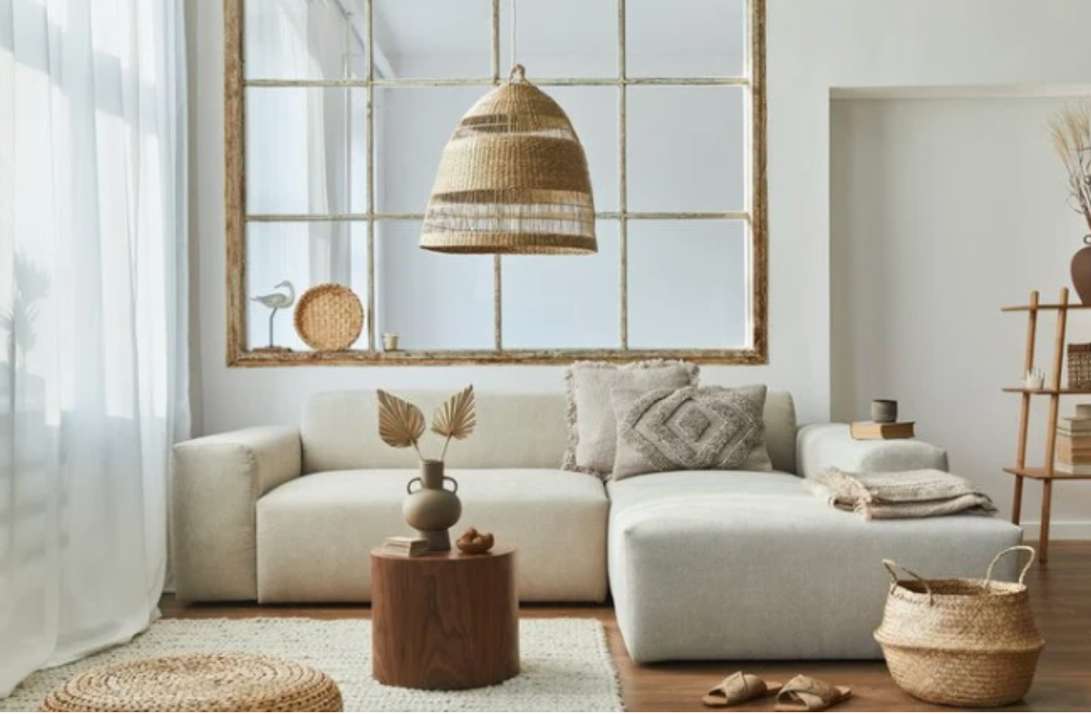 A living room with a couch , coffee table , and window.