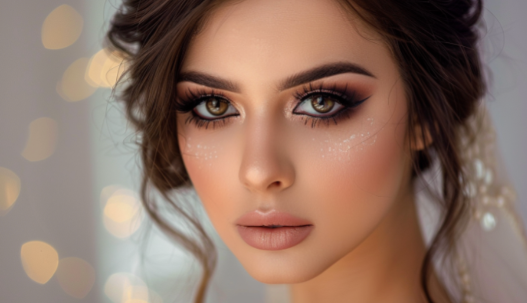 A close up of a woman 's face with makeup on.