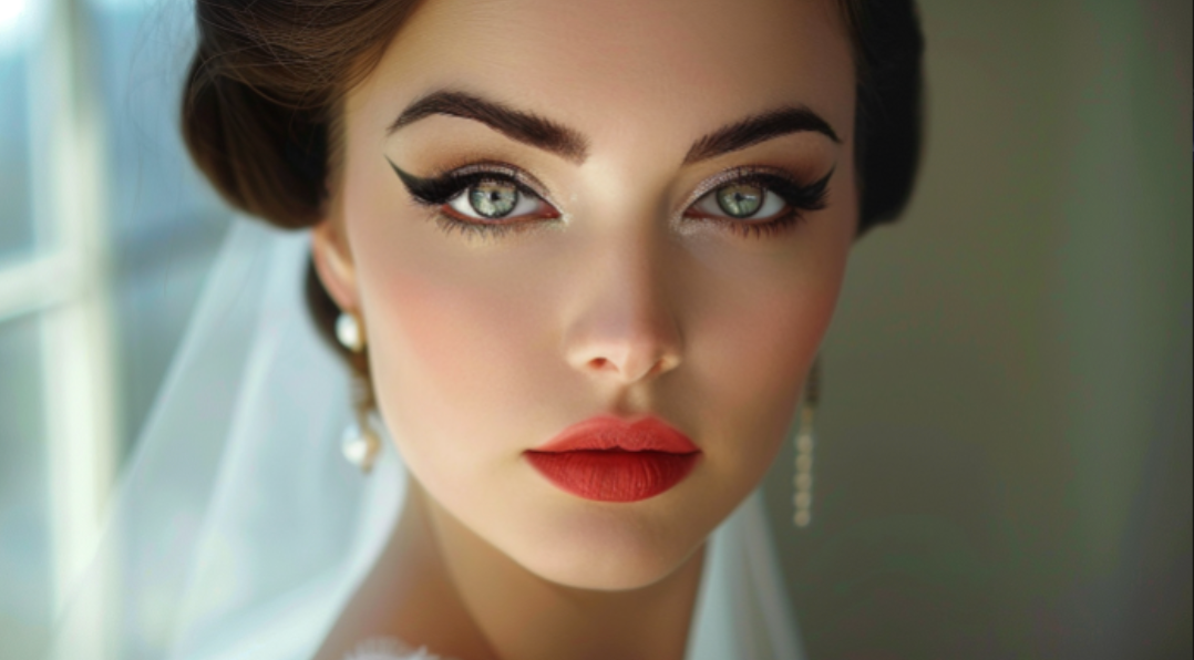 A close up of a woman wearing a veil and red lipstick.