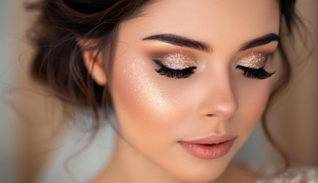 A close up of a woman 's face with makeup on.