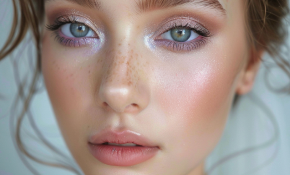 A close up of a woman 's face with makeup on.