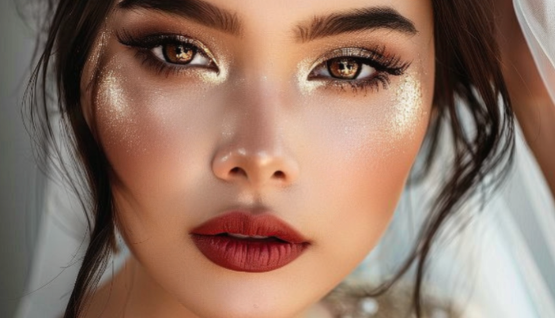 A close up of a woman 's face with makeup and red lips.