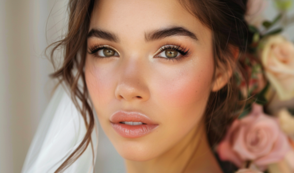 A close up of a woman 's face with flowers in the background.