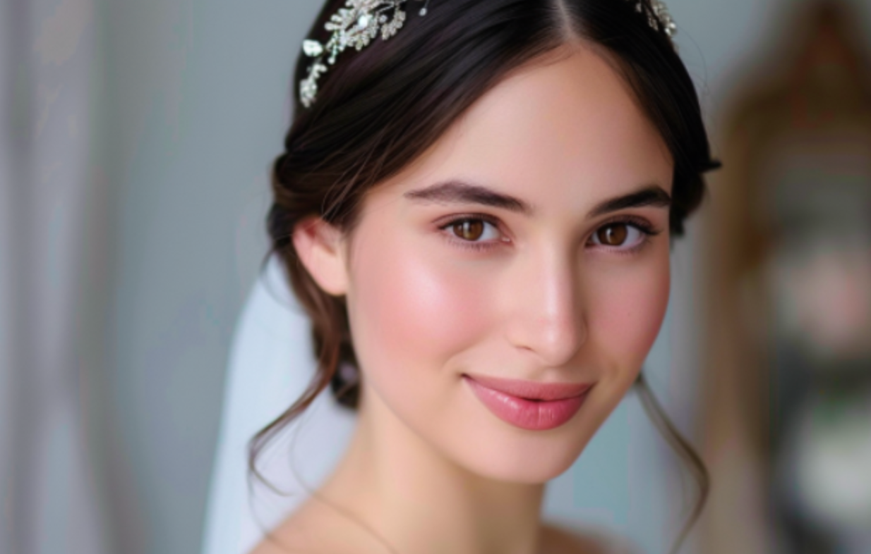 A close up of a woman wearing a wedding dress and veil.