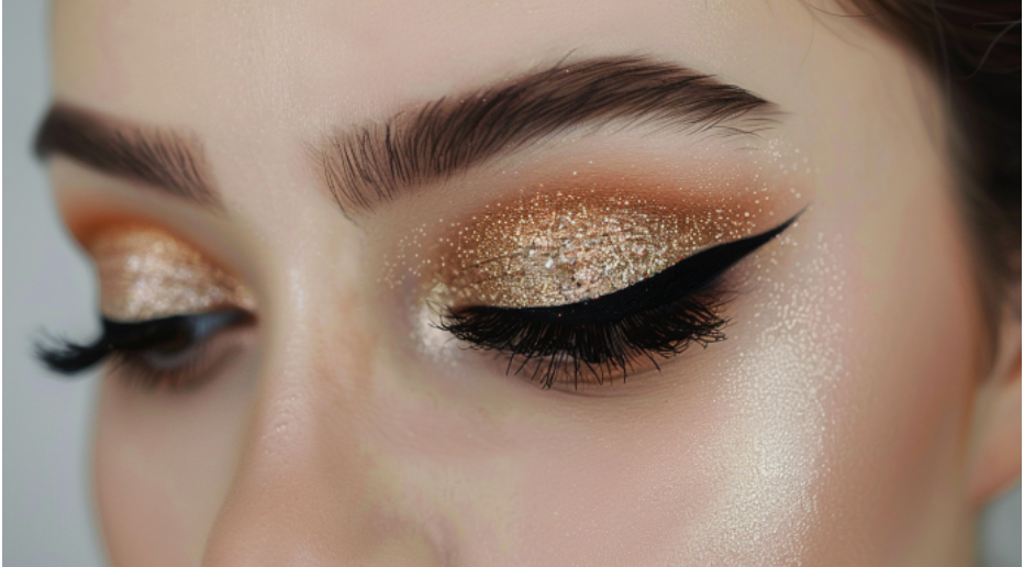 A close up of a woman 's eye with eyeliner and glitter.