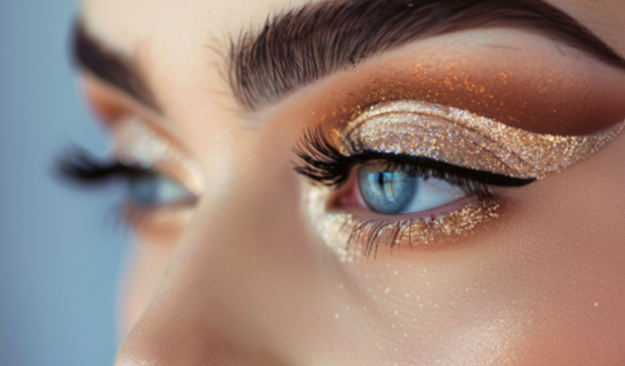 A close up of a woman 's eye with makeup.