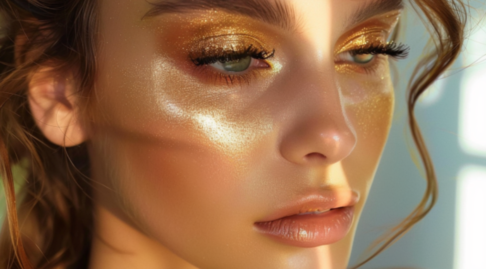 A close up of a woman 's face with gold makeup.