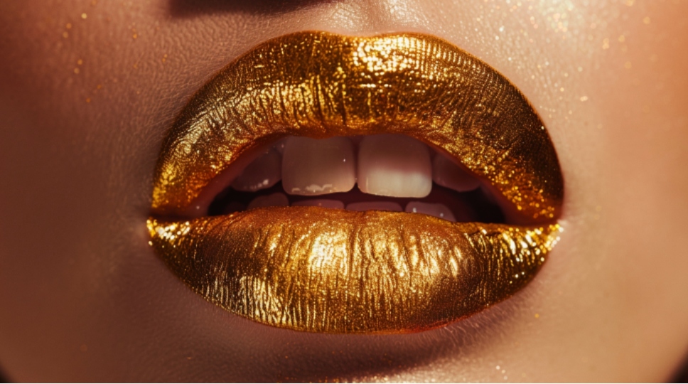 A close up of a woman 's lips with gold lipstick.