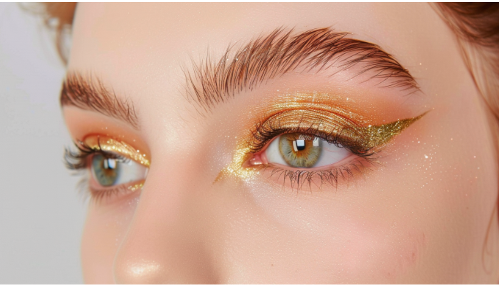 A close up of a woman 's eyes with gold eye shadow.