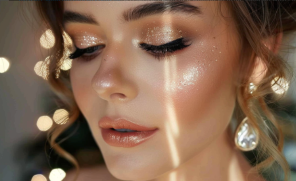 A close up of a woman 's face with makeup and earrings.