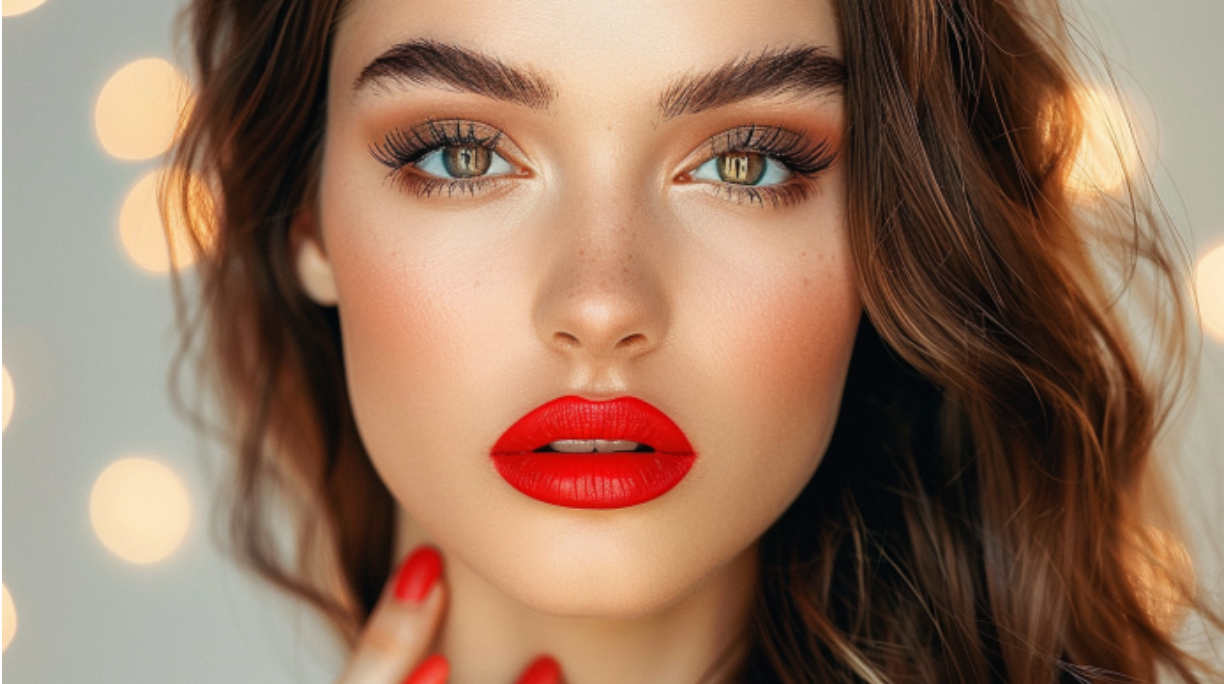 A close up of a woman 's face with red lipstick and red nails.