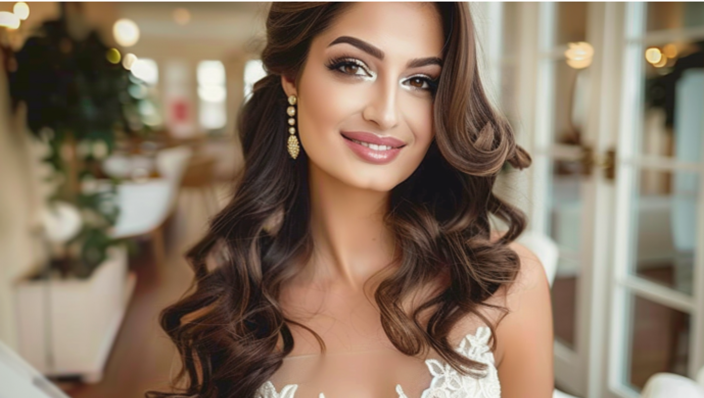 A woman in a wedding dress is smiling and looking at the camera.