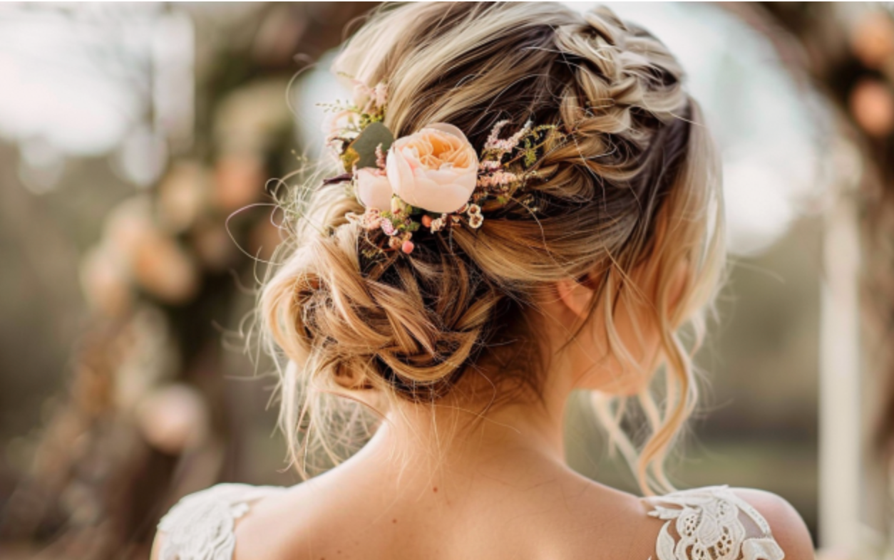 The back of a bride wearing a braided bun with flowers in her hair.