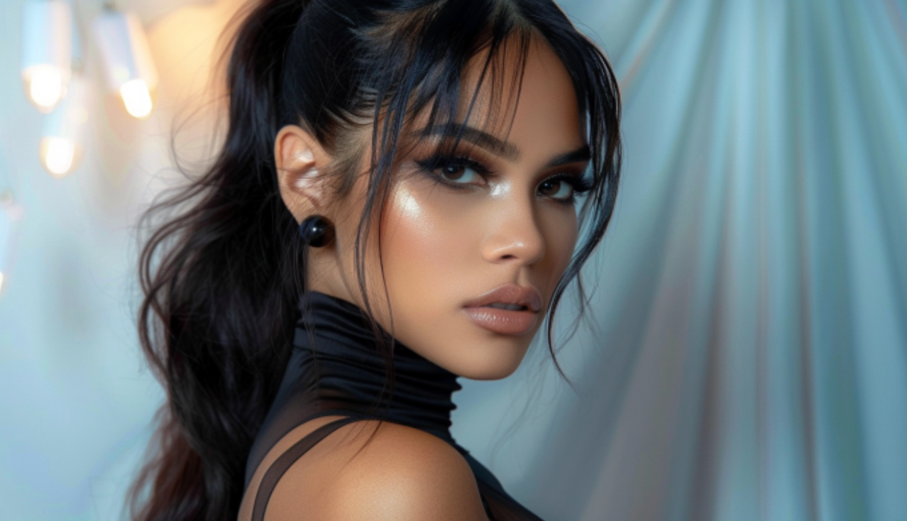 A close up of a woman 's face with a ponytail.