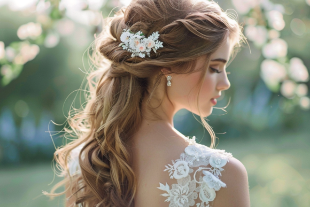 A woman in a wedding dress with a flower in her hair.