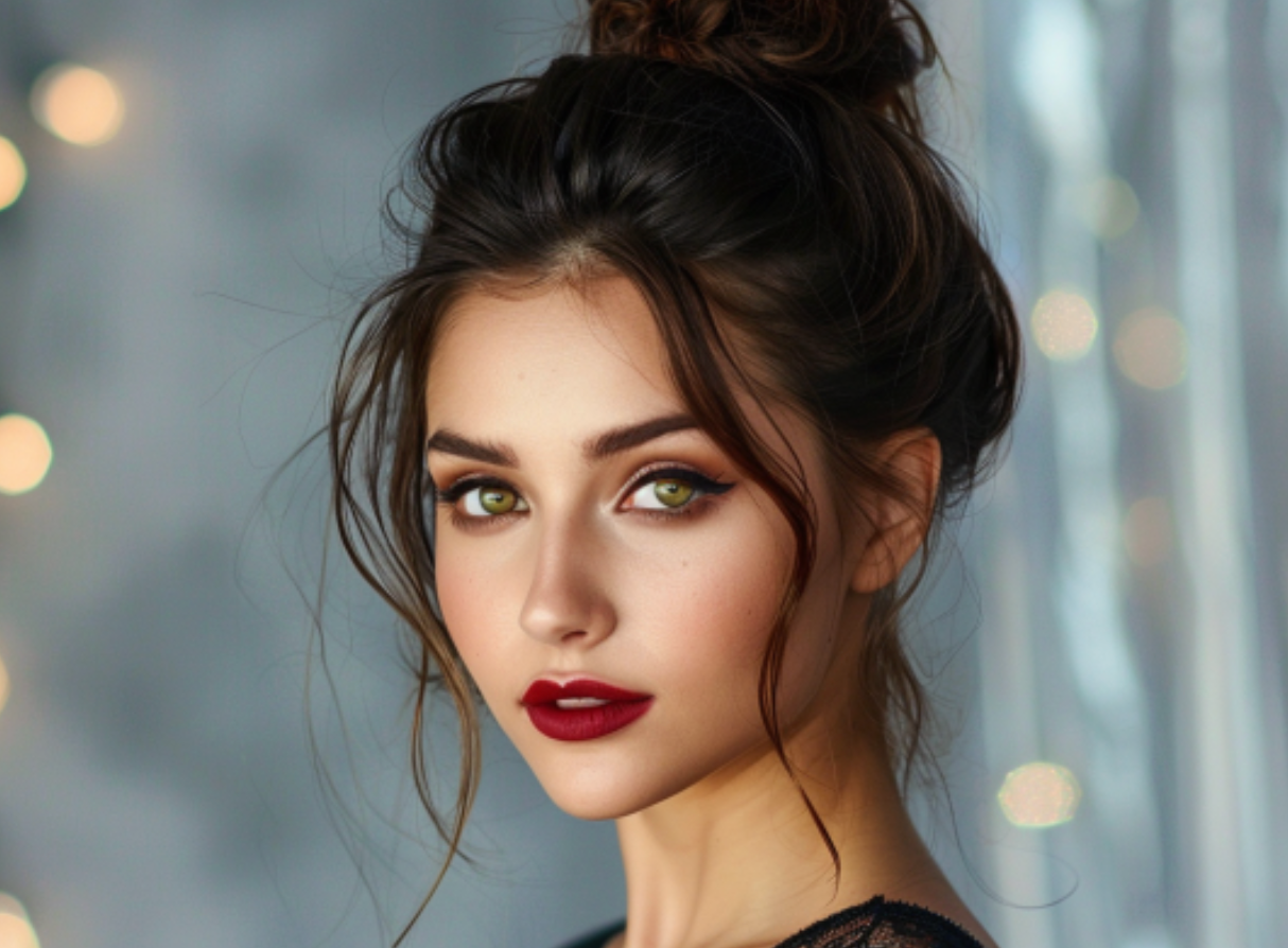 A close up of a woman 's face with a bun and red lipstick.