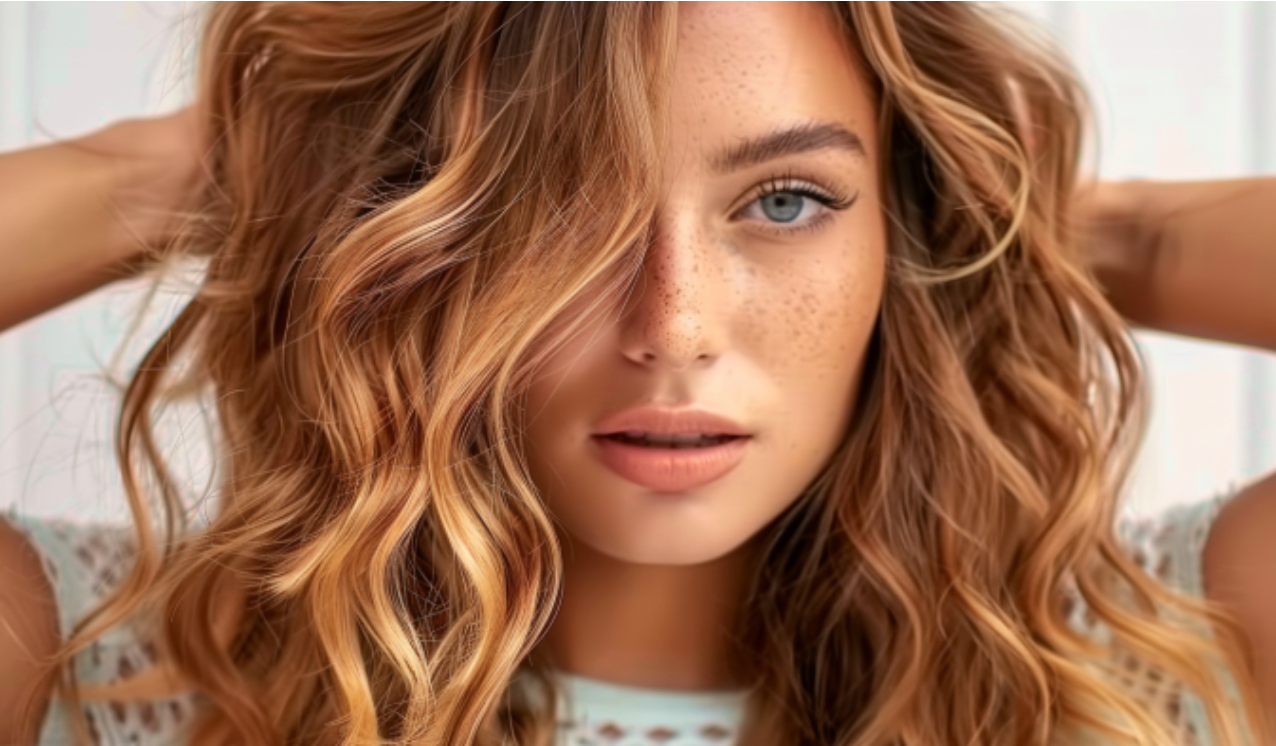 A close up of a woman 's face with her hands in her hair.