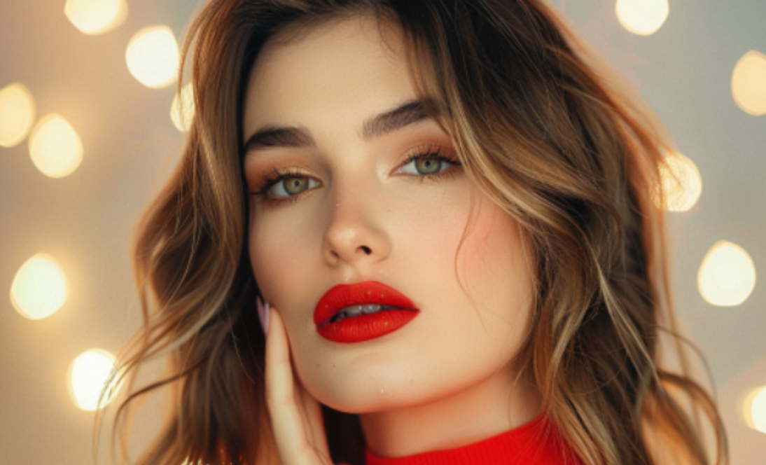 A close up of a woman 's face with red lipstick.