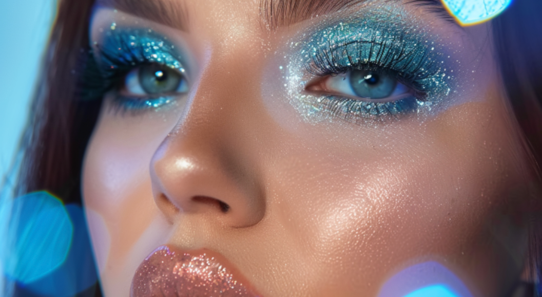 A close up of a woman 's face with blue eye shadow.