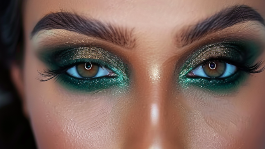 A close up of a woman 's eyes with green eye shadow.