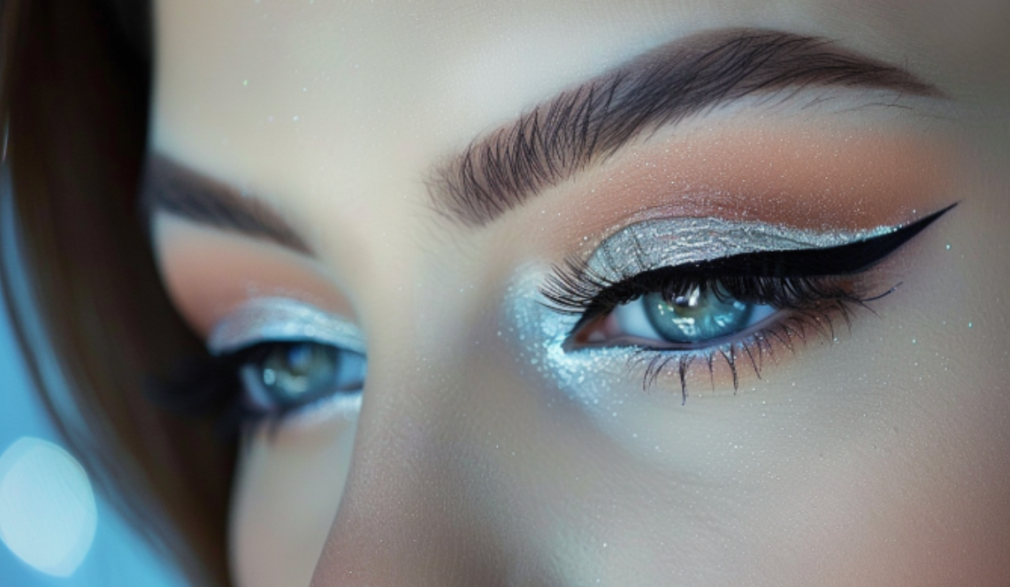 A close up of a woman 's eye with makeup on.