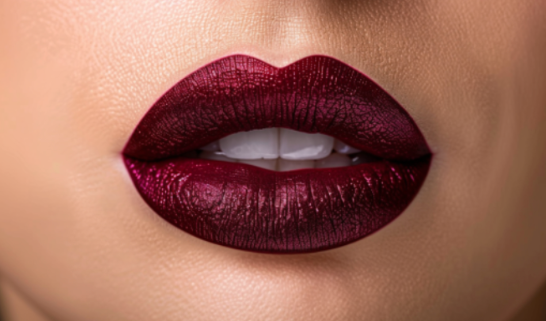 A close up of a woman 's lips with burgundy lipstick.