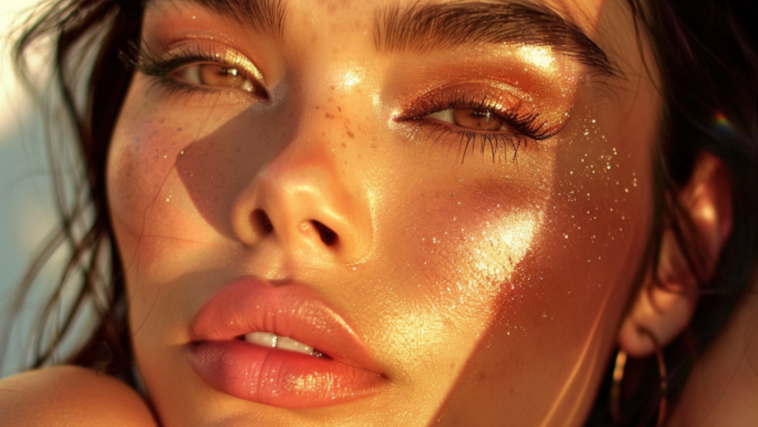 A close up of a woman 's face with the sun shining on it.