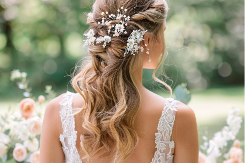 The back of a woman in a wedding dress with flowers in her hair.