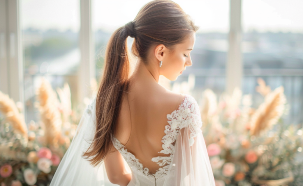 The back of a bride in a wedding dress is shown.