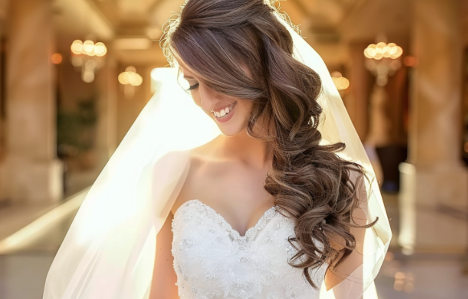 A bride in a wedding dress and veil is smiling.