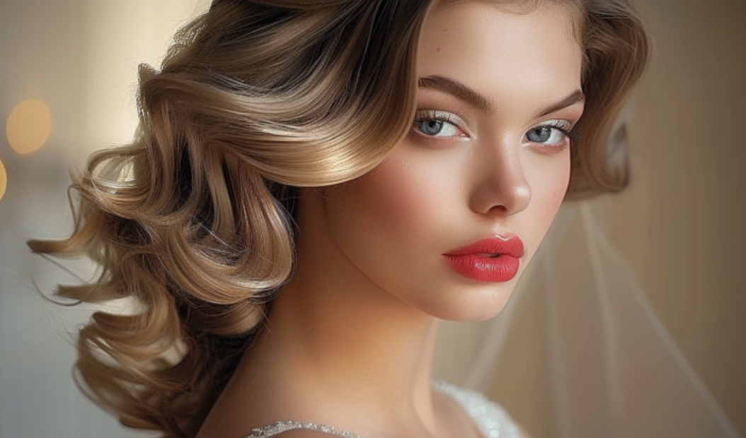 A close up of a woman wearing a veil and red lipstick.