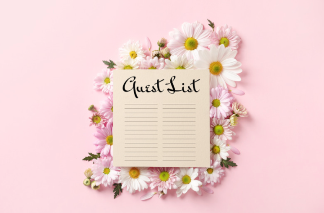 A guest list is surrounded by pink daisies on a pink background.