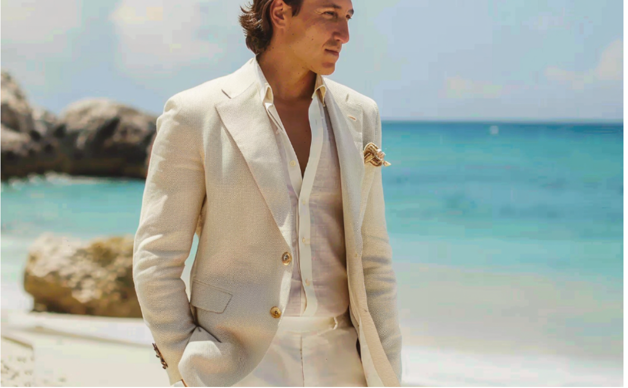 A man in a white suit is standing on a beach.