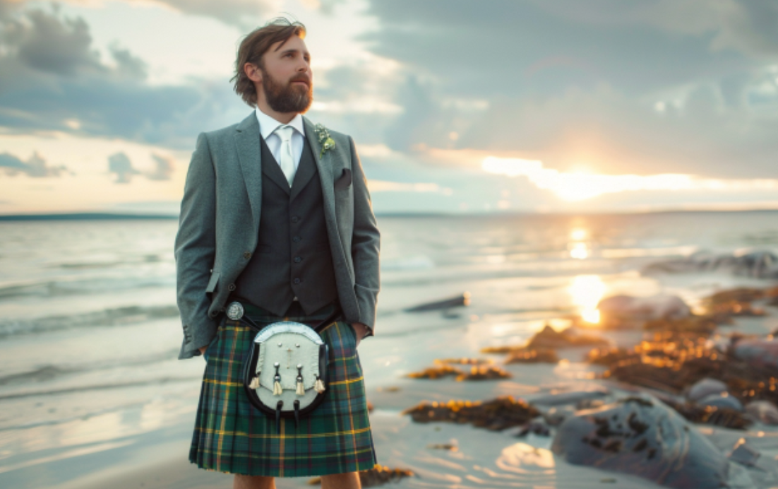 A man in a kilt is standing on a beach.