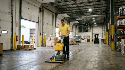 Cleaner operating floor scrubber to deep clean industrial warehouse concrete floors Minnetonka, MN