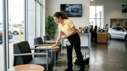 Cleaner wiping and polishing showroom glass tables and customer lounge surfaces Minnetonka, MN