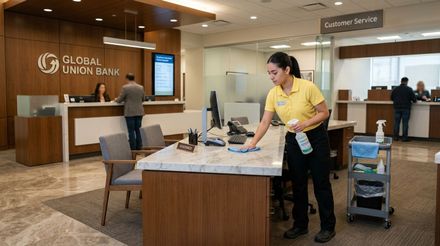 Cleaner wiping and disinfecting financial office front desk and high touch surfaces Minnetonka, MN