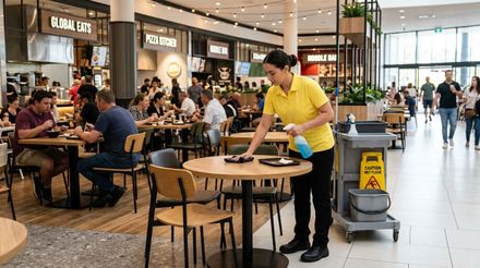 Cleaner wiping and disinfecting restaurant dining tables between guests Minnetonka, MN