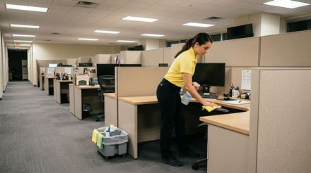 Cleaner wiping and sanitizing office desk, chair, and workstation surfaces Minnetonka, MN