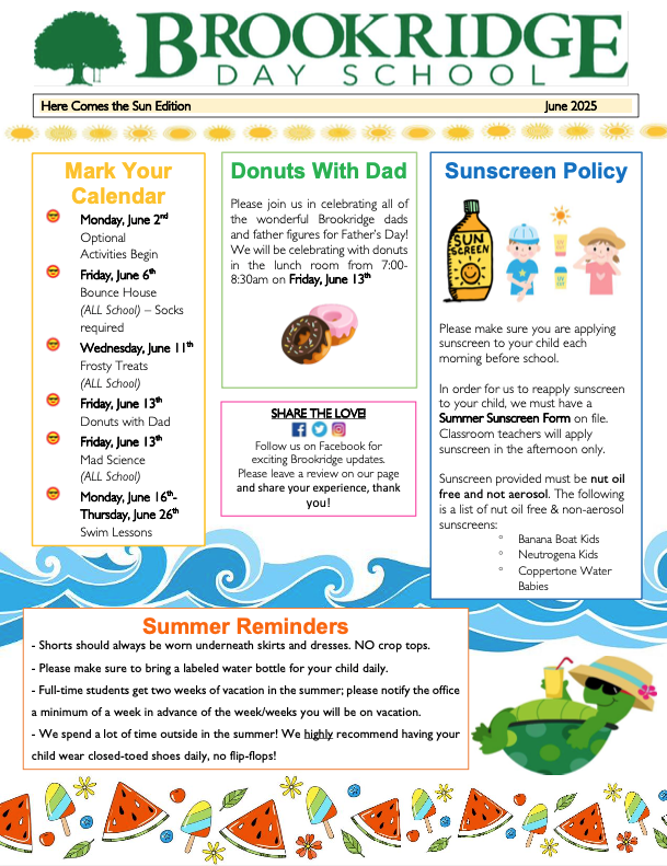 The front page of a brookridge day school newsletter.