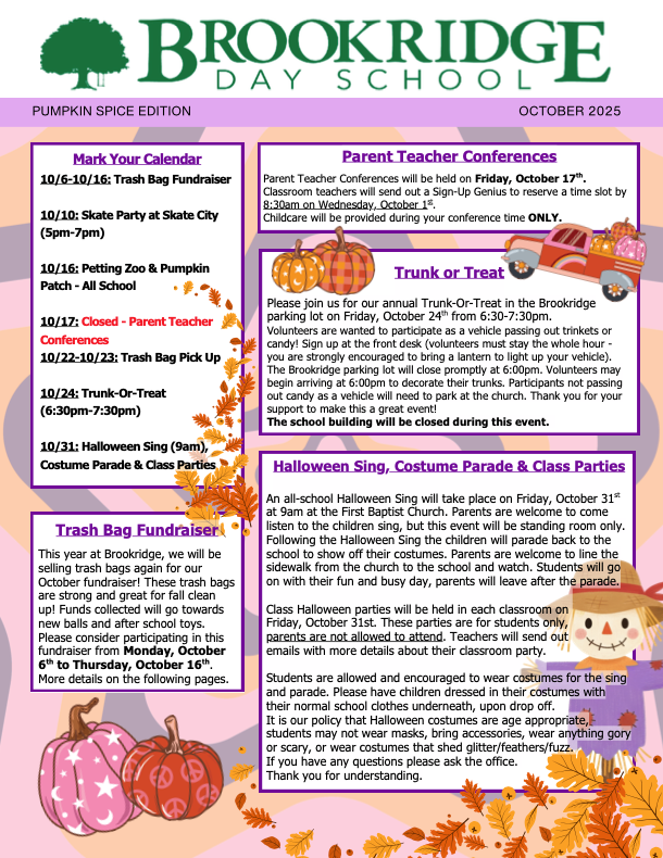 The front page of a brookridge day school newsletter.