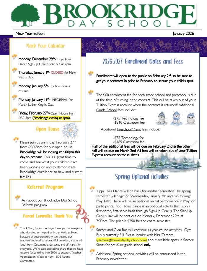 The front page of a brookridge day school newsletter.