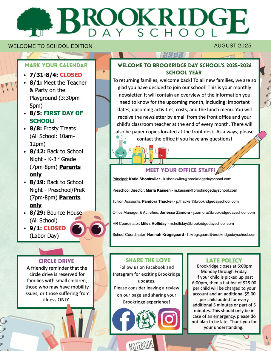 The front page of a brookridge day school newsletter.