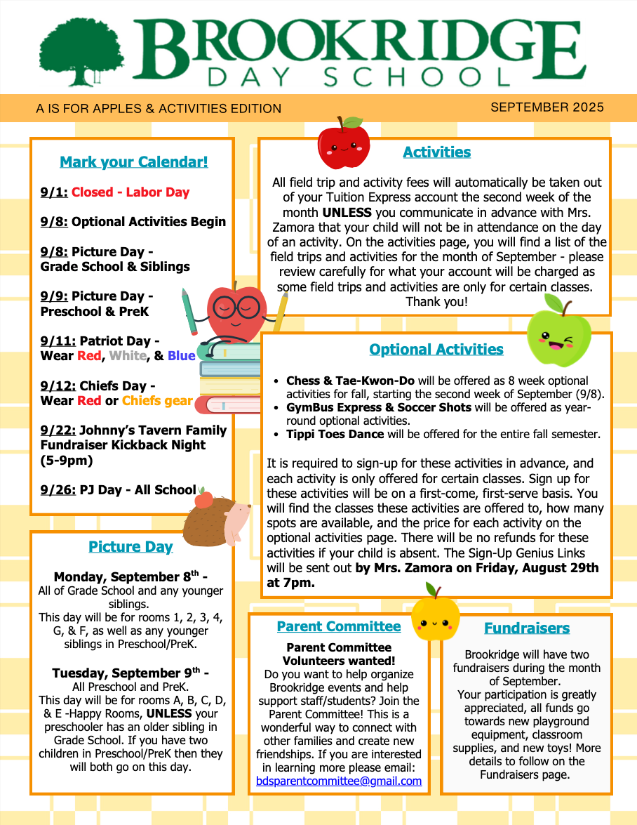 The front page of a brookridge day school newsletter.